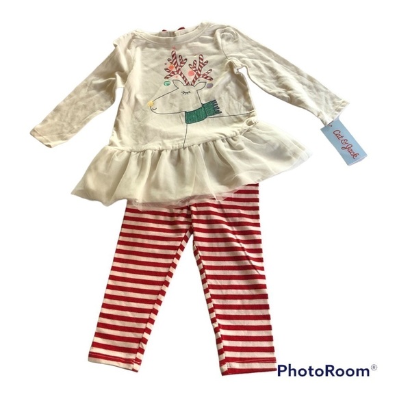 Cat & Jack Baby Girls Christmas Reindeer Striped 2 pc Outfit Set Size 18M - Picture 4 of 14